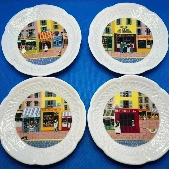 Set of 4 LIMOGES PHILIPPE DESHOULIERES Porcelain Canape Plates MERCHANTS ROW - Picture 1 of 6